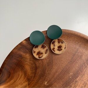 4/$15 Green Leopard Mohair Circle Drop Earrings